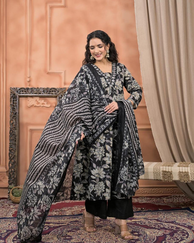 Gindly Pure Cotton Embroidered v-neck Floral Print Anarkali Women's Ethnic Wear Set