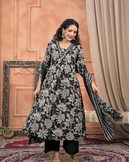 Gindly Pure Cotton Embroidered v-neck Floral Print Anarkali Women's Ethnic Wear Set