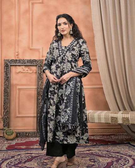 Gindly Pure Cotton Embroidered v-neck Floral Print Anarkali Women's Ethnic Wear Set