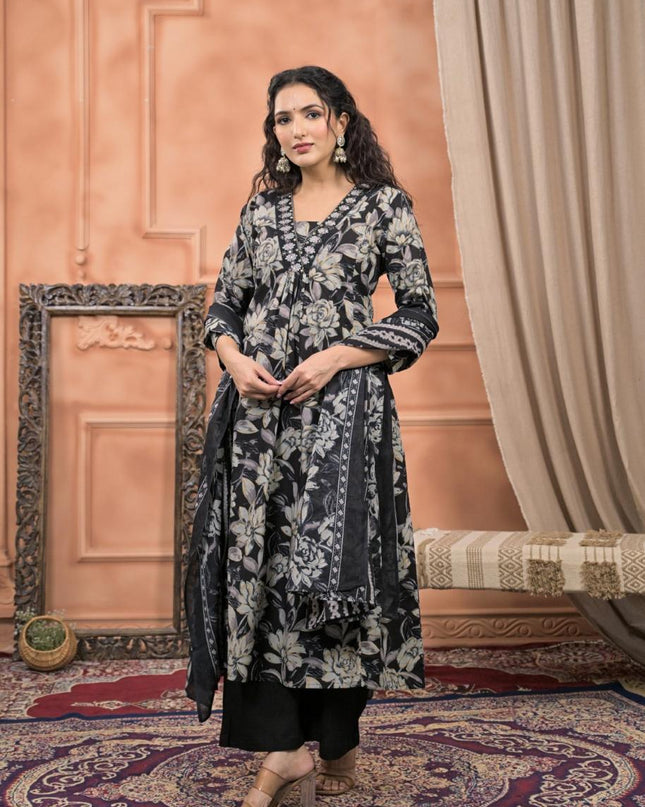 Gindly Pure Cotton Embroidered v-neck Floral Print Anarkali Women's Ethnic Wear Set