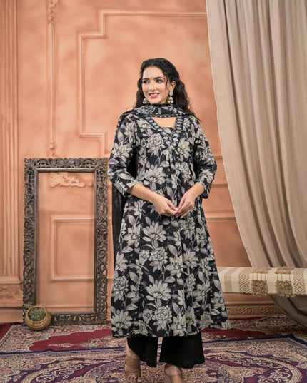 Gindly Pure Cotton Embroidered v-neck Floral Print Anarkali Women's Ethnic Wear Set