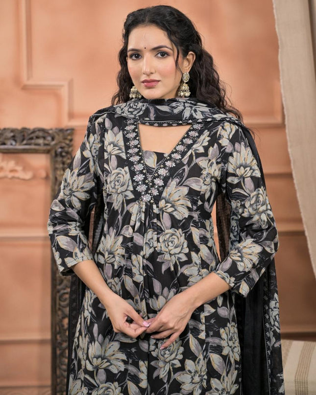 Gindly Pure Cotton Embroidered v-neck Floral Print Anarkali Women's Ethnic Wear Set