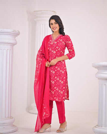 Gindly Pure Cotton Embroidered Straight Women's Ethnic Wear Set