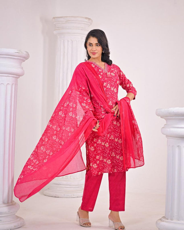 Gindly Pure Cotton Embroidered Straight Women's Ethnic Wear Set