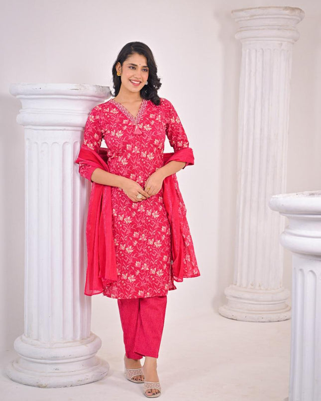 Gindly Pure Cotton Embroidered Straight Women's Ethnic Wear Set