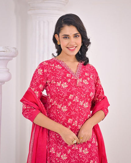 Gindly Pure Cotton Embroidered Straight Women's Ethnic Wear Set