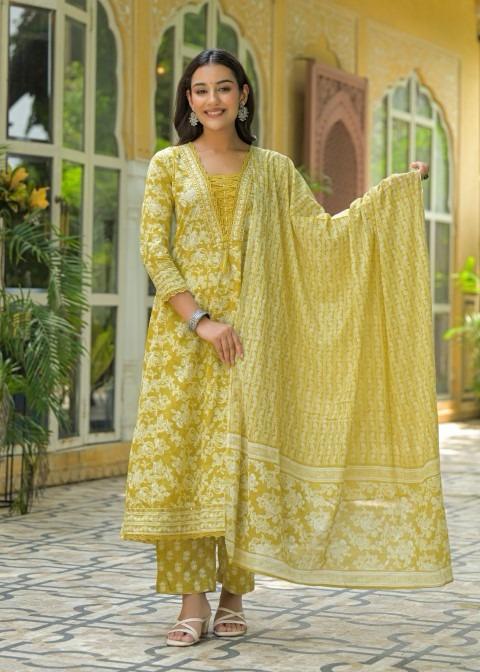 Gindly Pure Cotton Embroidered Anarkali Women's Ethnic Wear Set