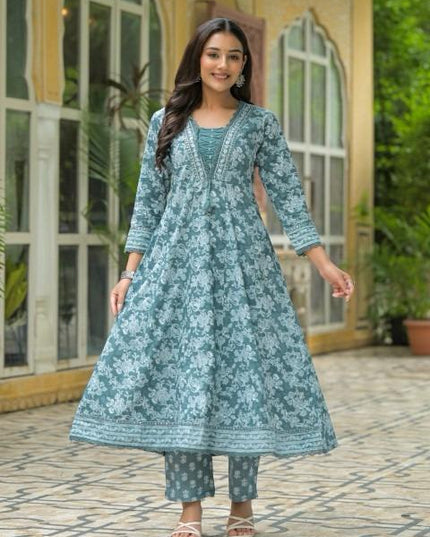 Gindly Pure Cotton Embroidered Anarkali Women's Ethnic Wear Set