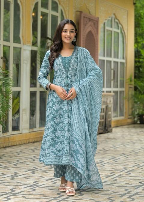 Gindly Pure Cotton Embroidered Anarkali Women's Ethnic Wear Set