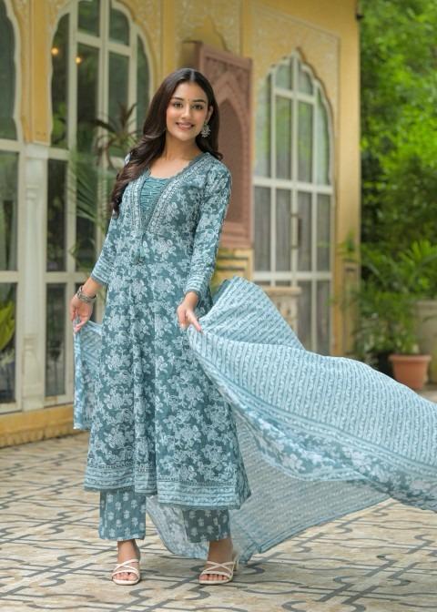 Gindly Pure Cotton Embroidered Anarkali Women's Ethnic Wear Set