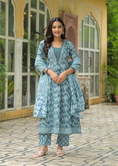 Gindly Pure Cotton Embroidered Anarkali Women's Ethnic Wear Set