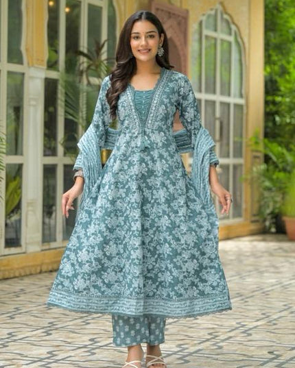 Gindly Pure Cotton Embroidered Anarkali Women's Ethnic Wear Set