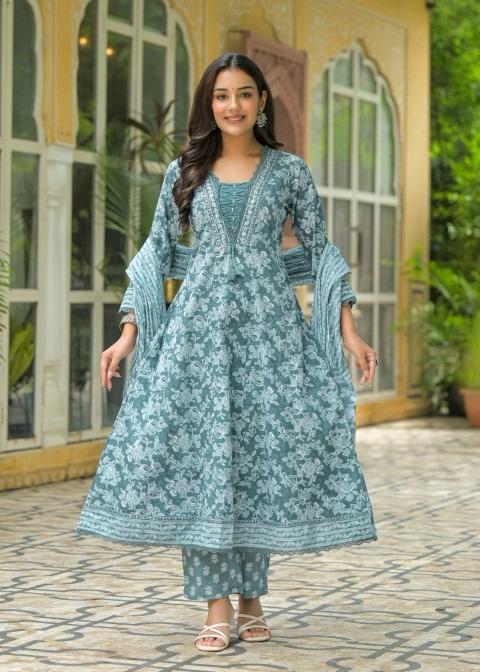 Gindly Pure Cotton Embroidered Anarkali Women's Ethnic Wear Set