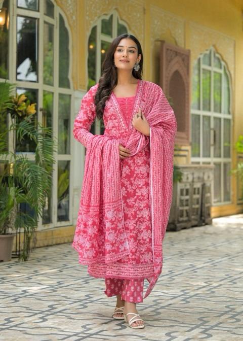 Gindly Pure Cotton Embroidered Anarkali Women's Ethnic Wear Set