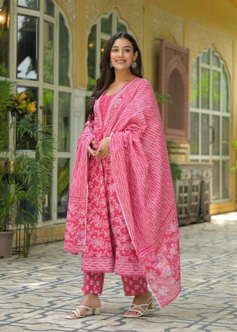 Gindly Pure Cotton Embroidered Anarkali Women's Ethnic Wear Set