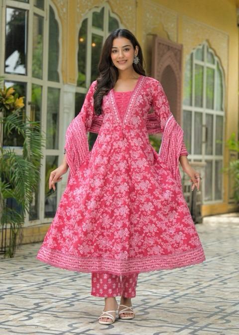Gindly Pure Cotton Embroidered Anarkali Women's Ethnic Wear Set