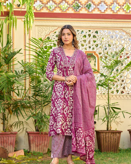 Gindly Pure Cotton Embroidered v-neck Anarkali Women's Ethnic Wear Set