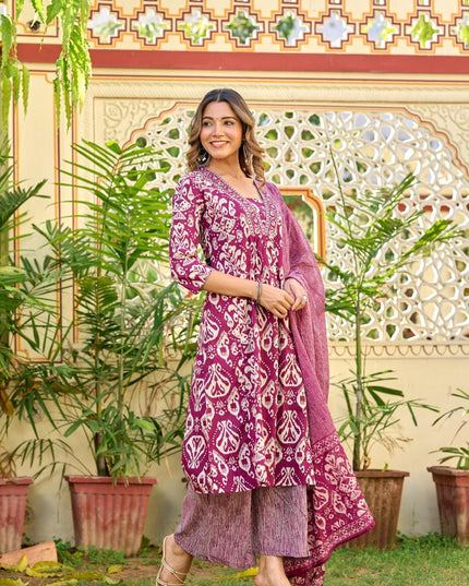 Gindly Pure Cotton Embroidered v-neck Anarkali Women's Ethnic Wear Set