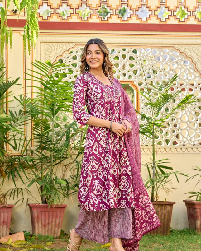 Gindly Pure Cotton Embroidered v-neck Anarkali Women's Ethnic Wear Set