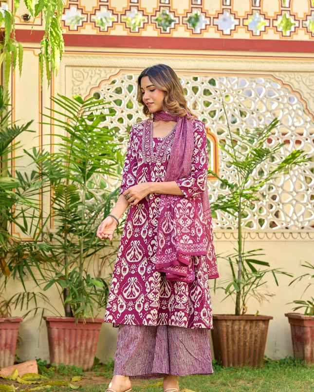 Gindly Pure Cotton Embroidered v-neck Anarkali Women's Ethnic Wear Set