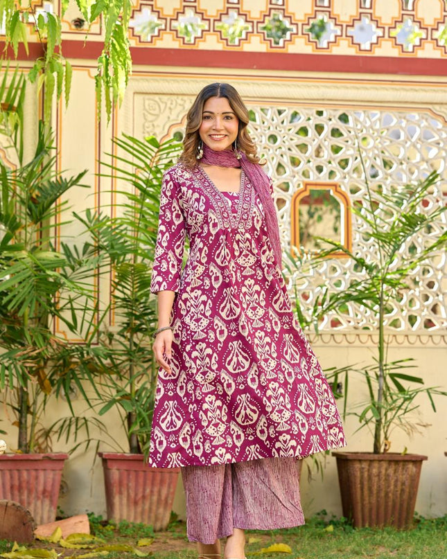 Gindly Pure Cotton Embroidered v-neck Anarkali Women's Ethnic Wear Set