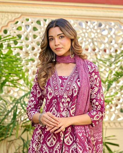 Gindly Pure Cotton Embroidered v-neck Anarkali Women's Ethnic Wear Set