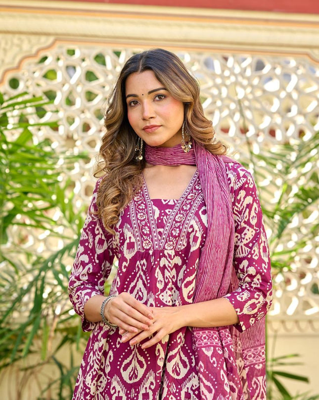 Gindly Pure Cotton Embroidered v-neck Anarkali Women's Ethnic Wear Set