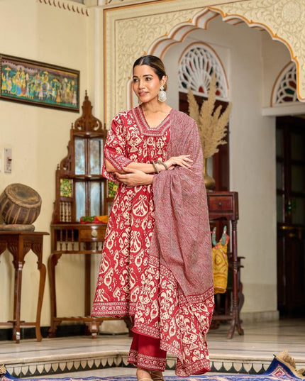 Gindly Pure Cotton Embroidered U-neck Anarkali Women's Ethnic Wear Set