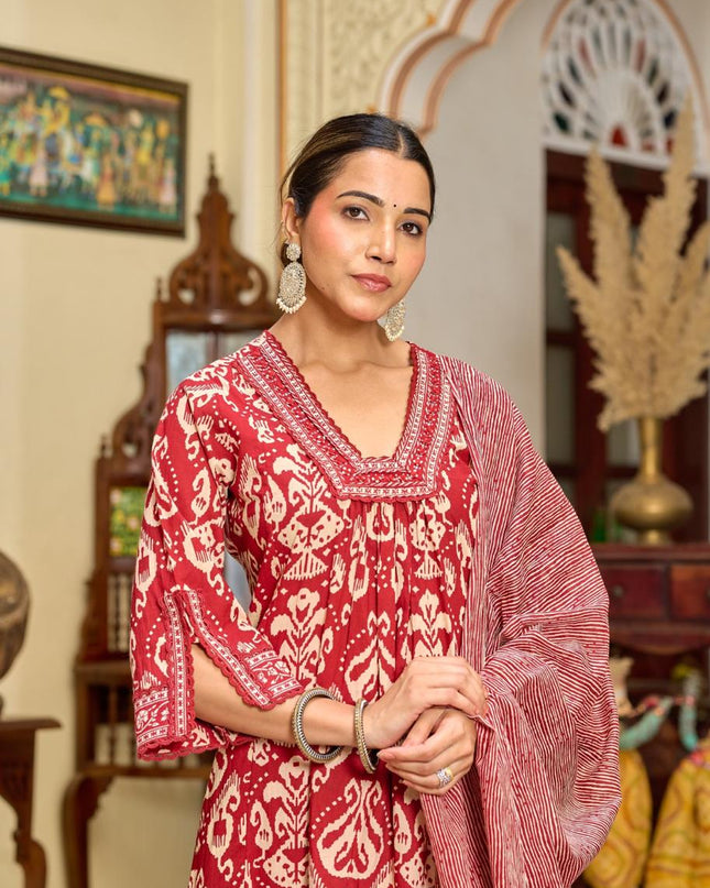 Gindly Pure Cotton Embroidered U-neck Anarkali Women's Ethnic Wear Set