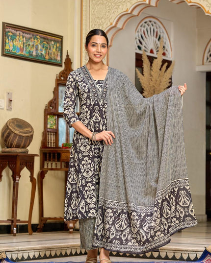 Gindly Pure Cotton Embroidered v-neck Anarkali Women's Ethnic Wear Set