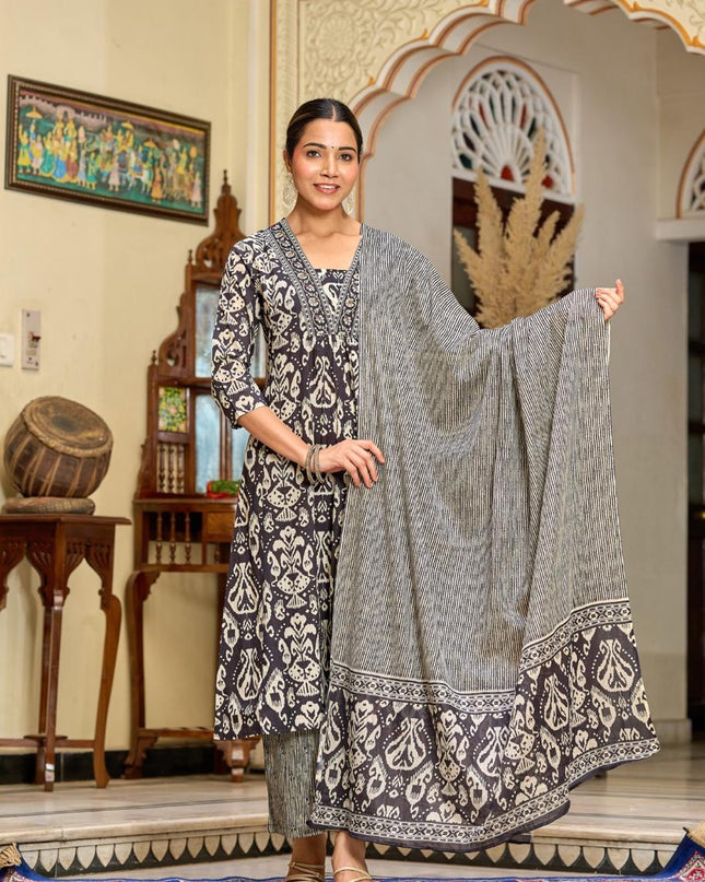 Gindly Pure Cotton Embroidered v-neck Anarkali Women's Ethnic Wear Set