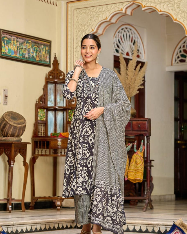 Gindly Pure Cotton Embroidered v-neck Anarkali Women's Ethnic Wear Set