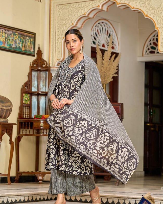 Gindly Pure Cotton Embroidered v-neck Anarkali Women's Ethnic Wear Set