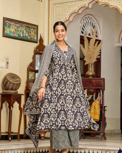 Gindly Pure Cotton Embroidered v-neck Anarkali Women's Ethnic Wear Set