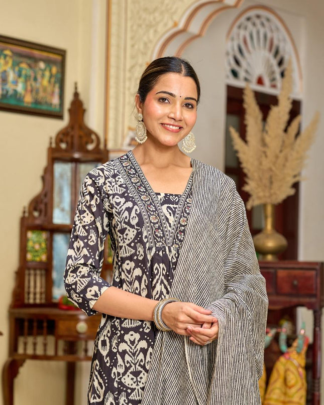 Gindly Pure Cotton Embroidered v-neck Anarkali Women's Ethnic Wear Set