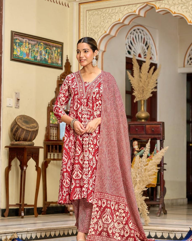 Gindly Pure Cotton Embroidered v-neck Anarkali Women's Ethnic Wear Set