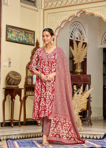 Gindly Pure Cotton Embroidered v-neck Anarkali Women's Ethnic Wear Set