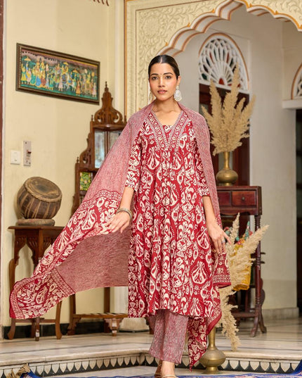Gindly Pure Cotton Embroidered v-neck Anarkali Women's Ethnic Wear Set