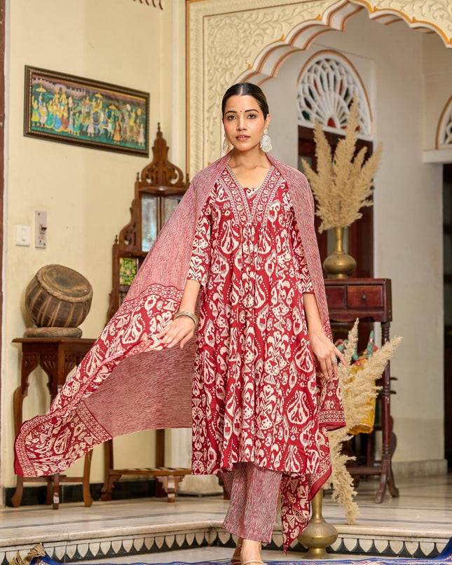 Gindly Pure Cotton Embroidered v-neck Anarkali Women's Ethnic Wear Set
