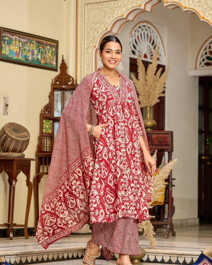 Gindly Pure Cotton Embroidered v-neck Anarkali Women's Ethnic Wear Set