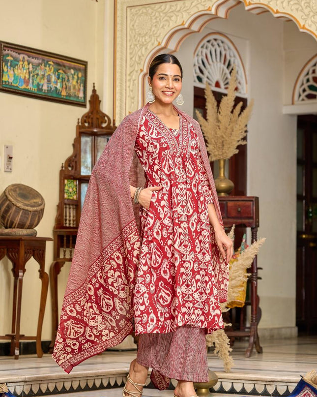 Gindly Pure Cotton Embroidered v-neck Anarkali Women's Ethnic Wear Set