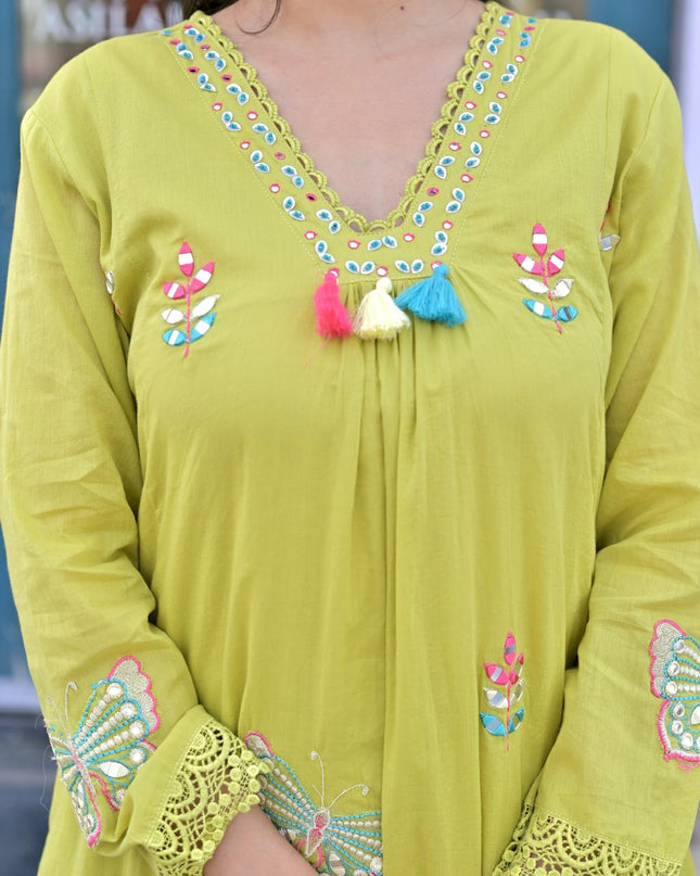 Gindly Pure Cotton Embroidered Anarkali Women's Ethnic Wear Kurta Pant Dupatta Set